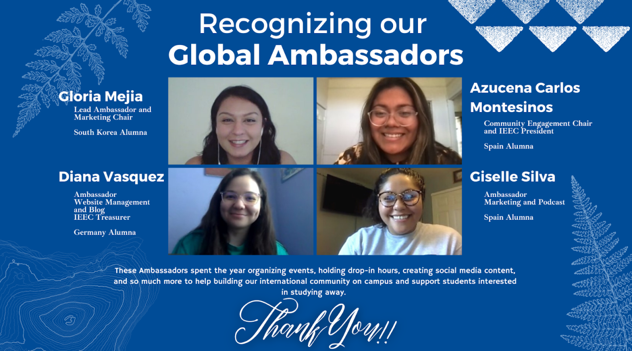 Dark blue background with white foliage accents, photos of the four ambassadors with their roles listed