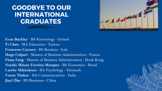 Dark blue backrgound, one column of international graduates leaving SSU, top right corner has a photo of flags from around the world